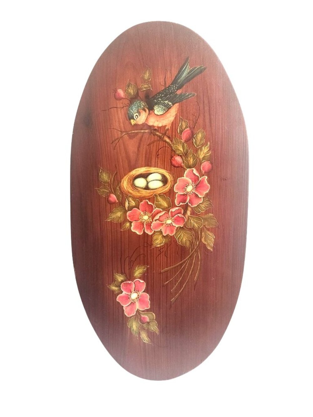Vintage hand painted blue bird, nest on branch with dogwood flowers
